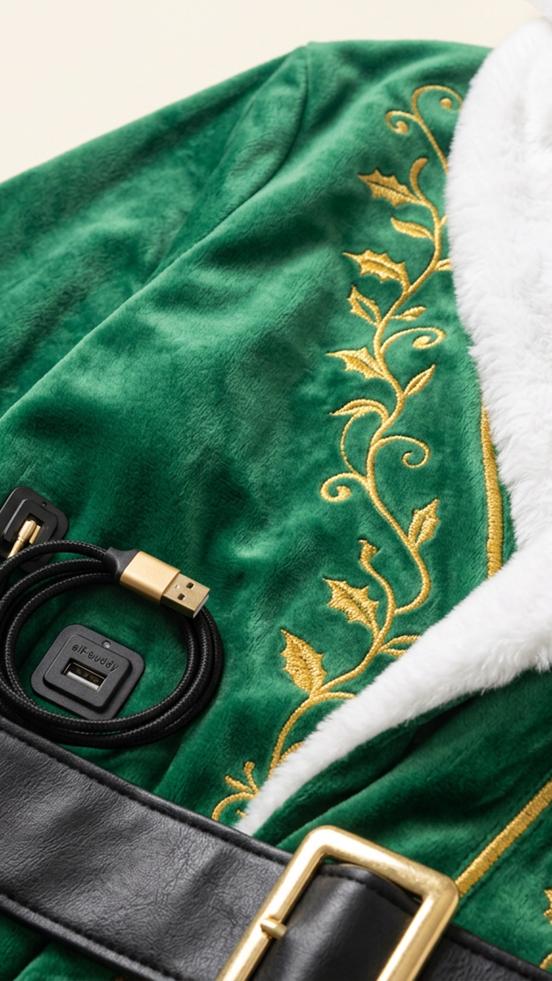 Elf Blankets Heated Robe - gold embroidery, fur trim and USB heating cable closeup
